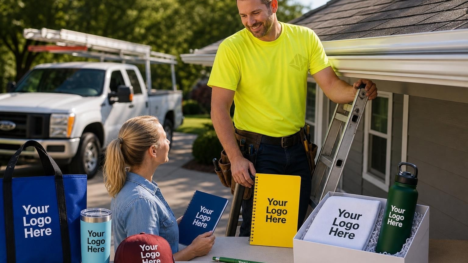 A professional gutter installer on a ladder wearing a high-visibility custom safety t-shirt next to a newly installed seamless aluminum gutter run.