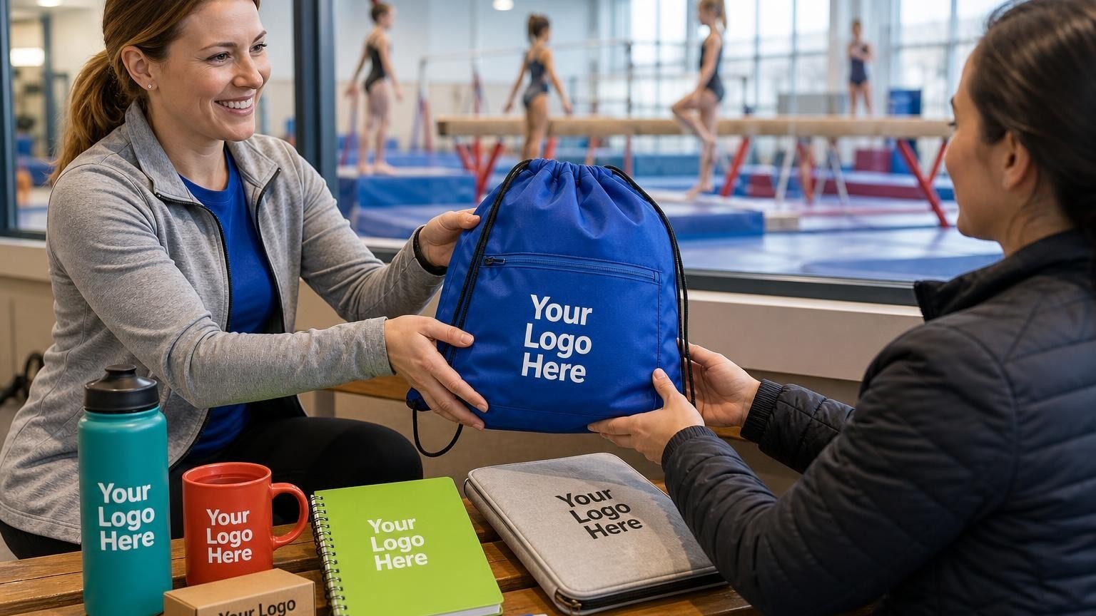 A custom drawstring bag on a lobby bench with a gymnastics training floor blurred in the background.