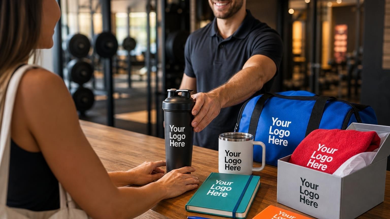 A custom matte-finish shaker bottle being handed to a new member at a gym front desk.