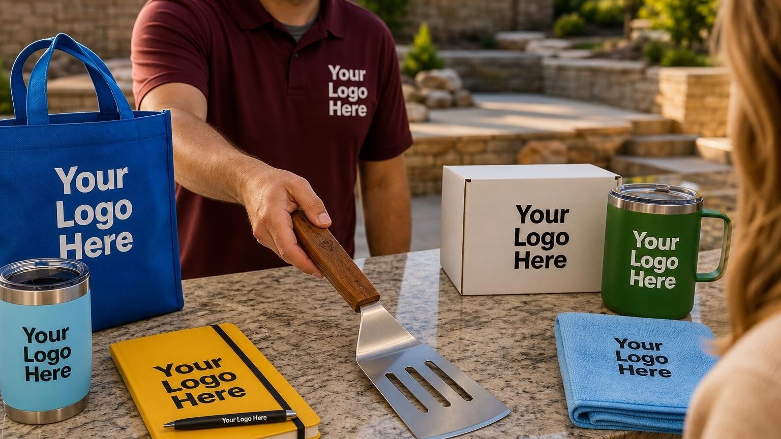 A high-quality custom barbecue spatula resting on a granite countertop of a newly completed stone outdoor kitchen.