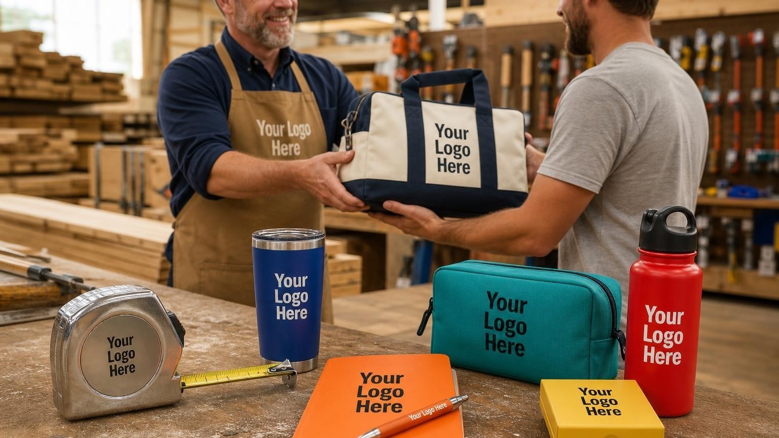 A custom steel tape measure resting on a wooden pro desk inside a hardware store, with a store manager handing a tool bag to a contractor in the background.