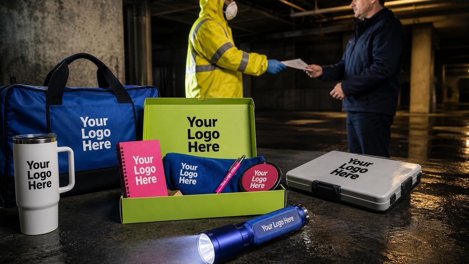 A heavy-duty, weather-resistant flashlight and storage clipboard on a wet concrete floor during a post-disaster property inspection with a hazmat technician and insurance adjuster in the background.