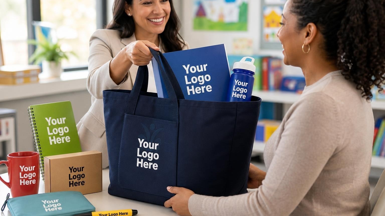 A professional-grade navy canvas welcome tote being handed to a parent in a Head Start intake office, representing trust and community onboarding.