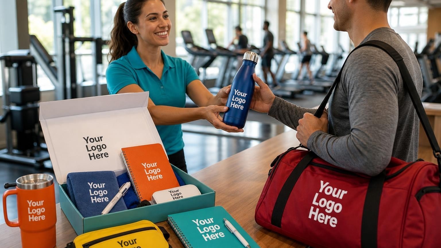 A high-quality custom insulated water bottle being handed to a member at a modern health club front desk, with the gym floor softly blurred in the background.