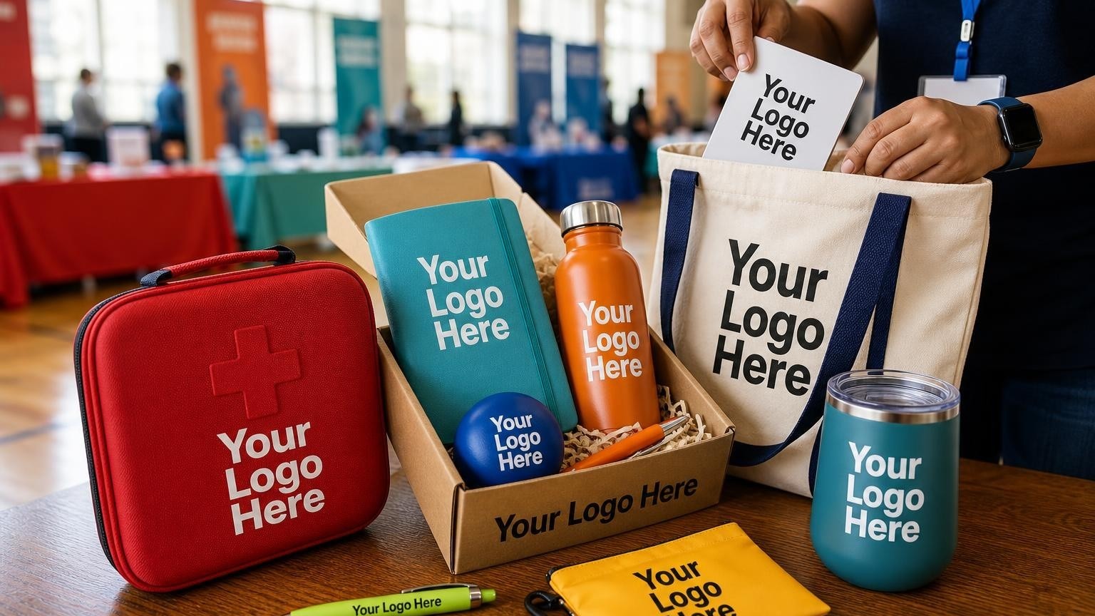 A custom first aid kit and screening passport being packed into a wellness bag at a community health fair registration desk.
