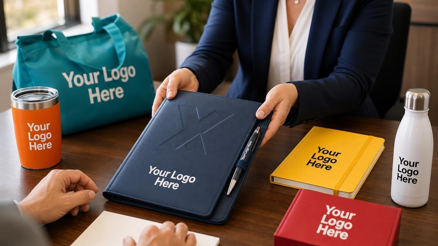 A professional-grade dark blue padfolio with a subtle blind debossed abstract geometric emblem on the cover, holding a high-quality metal pen on a tidy office desk during an open enrollment planning meeting.
