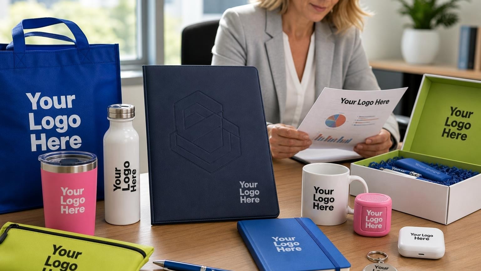 A professional navy blue document folder with a subtle debossed emblem sitting on an HR director's desk next to a sleek pen.