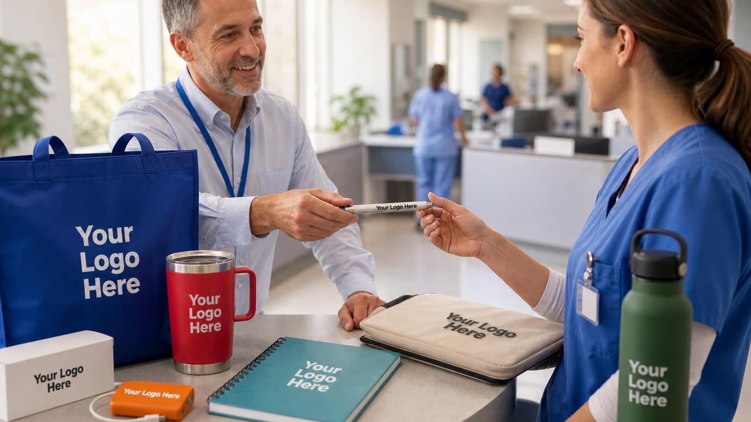 An antimicrobial stylus pen being handed to a nurse at a hospital workstation during a software rollout.