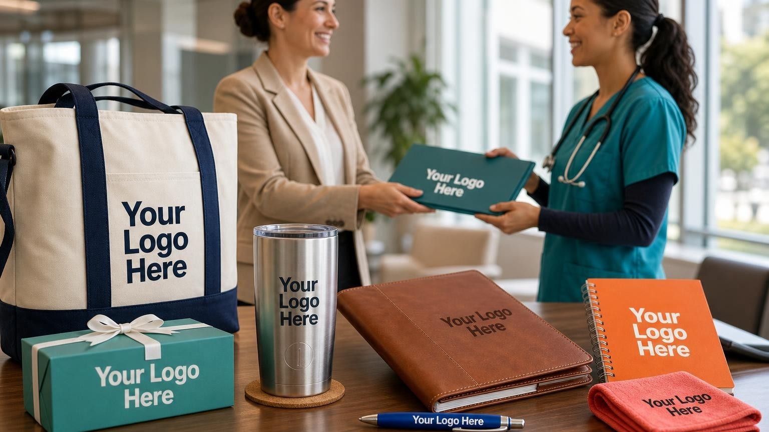 A high-quality travel mug and clinical portfolio on a desk during a candidate welcome handoff in a hospital office.