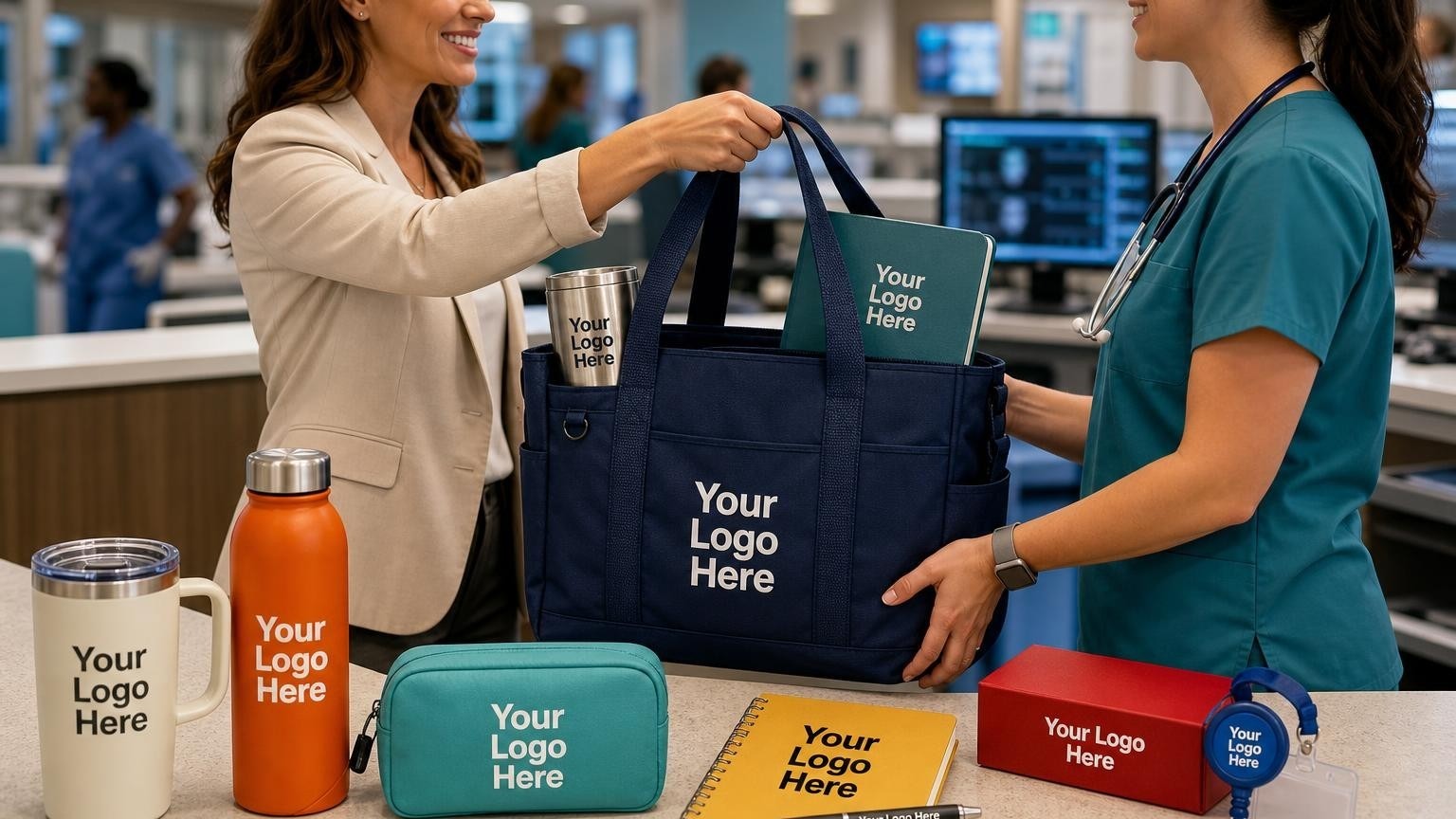 A healthcare recruiter hands a heavy-duty navy utility welcome tote bag to a clinician in scrubs at a busy hospital nurse's station.
