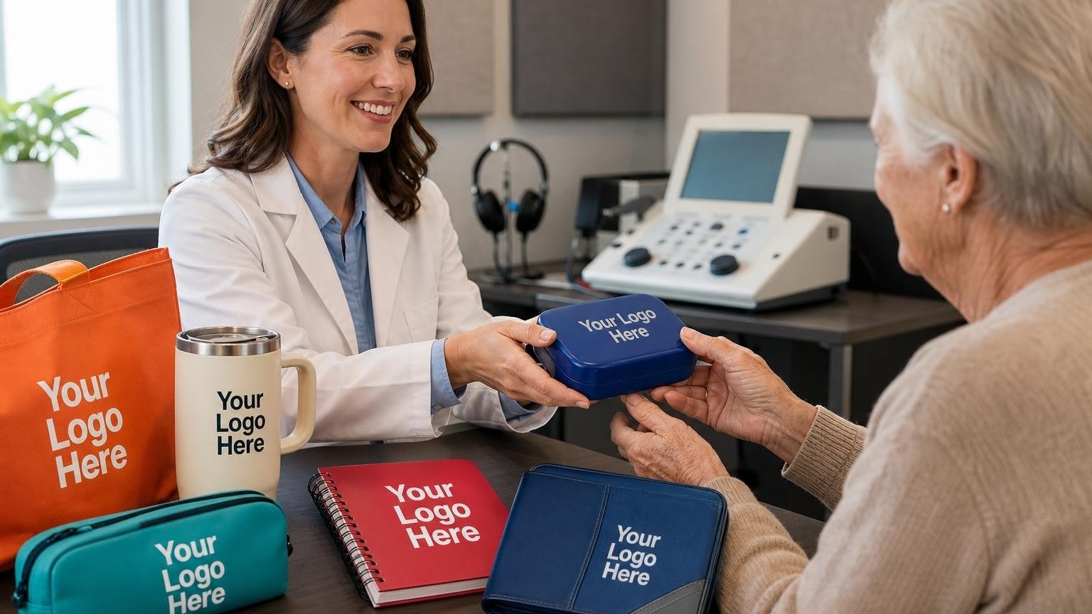 An audiologist handing a custom-branded, high-contrast blue care kit to a senior patient in a quiet fitting room.