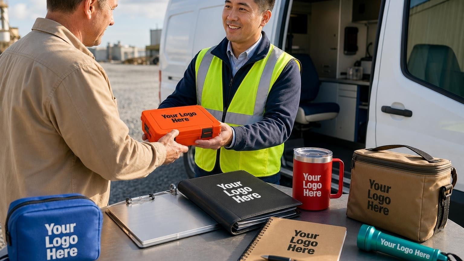A custom high-visibility earplug storage case and compliance binder being handed to a plant manager outside a mobile audiometry testing van.