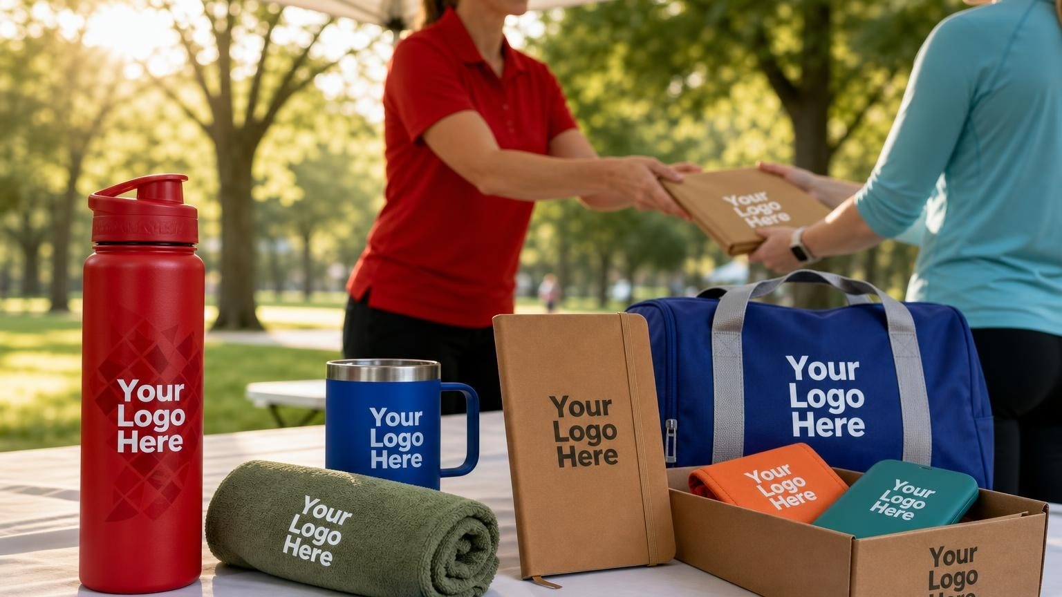 A red sports water bottle with a subtle custom emblem on a registration table at an outdoor community heart walk event.