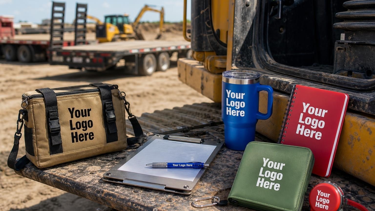 A weatherproof aluminum clipboard and rugged pen resting on the step of a yellow excavator cab on an active construction site.