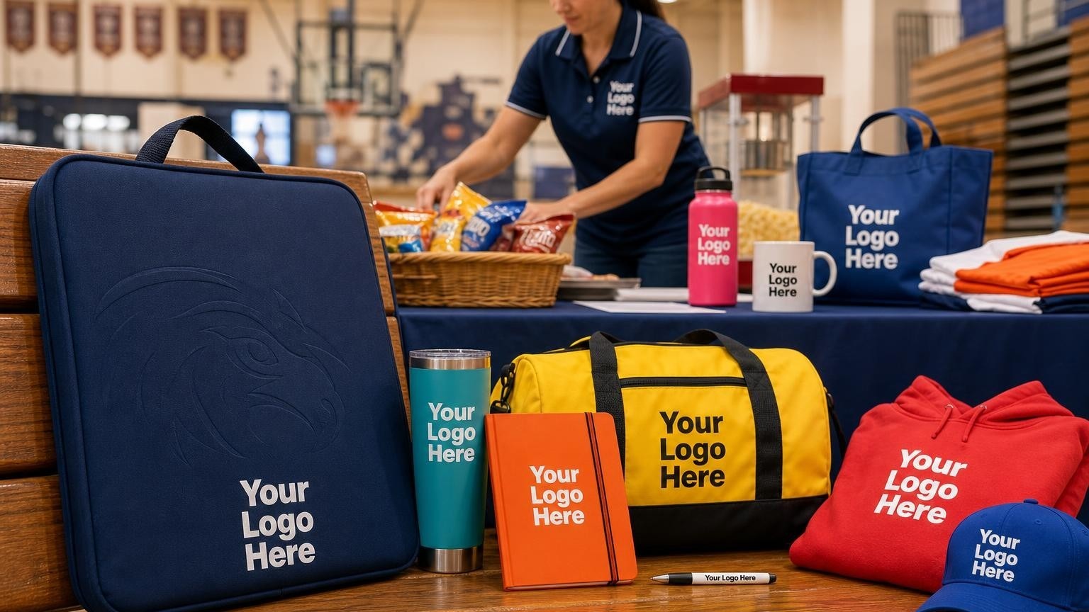 A custom navy blue stadium seat cushion on gym bleachers with a concession stand setup blurred in the background.