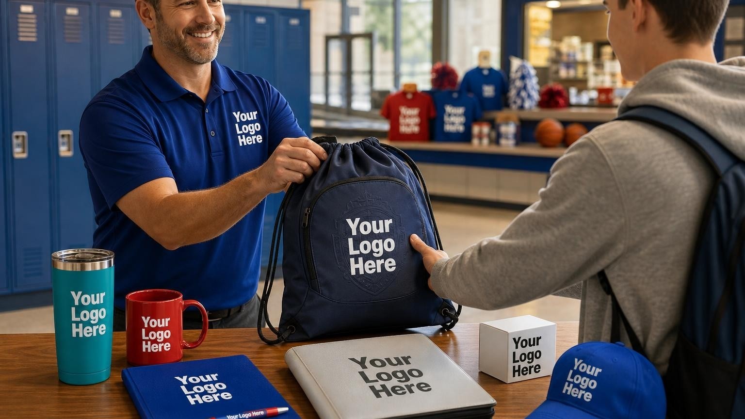 A custom navy blue drawstring bag being distributed to a student in a high school gymnasium lobby.