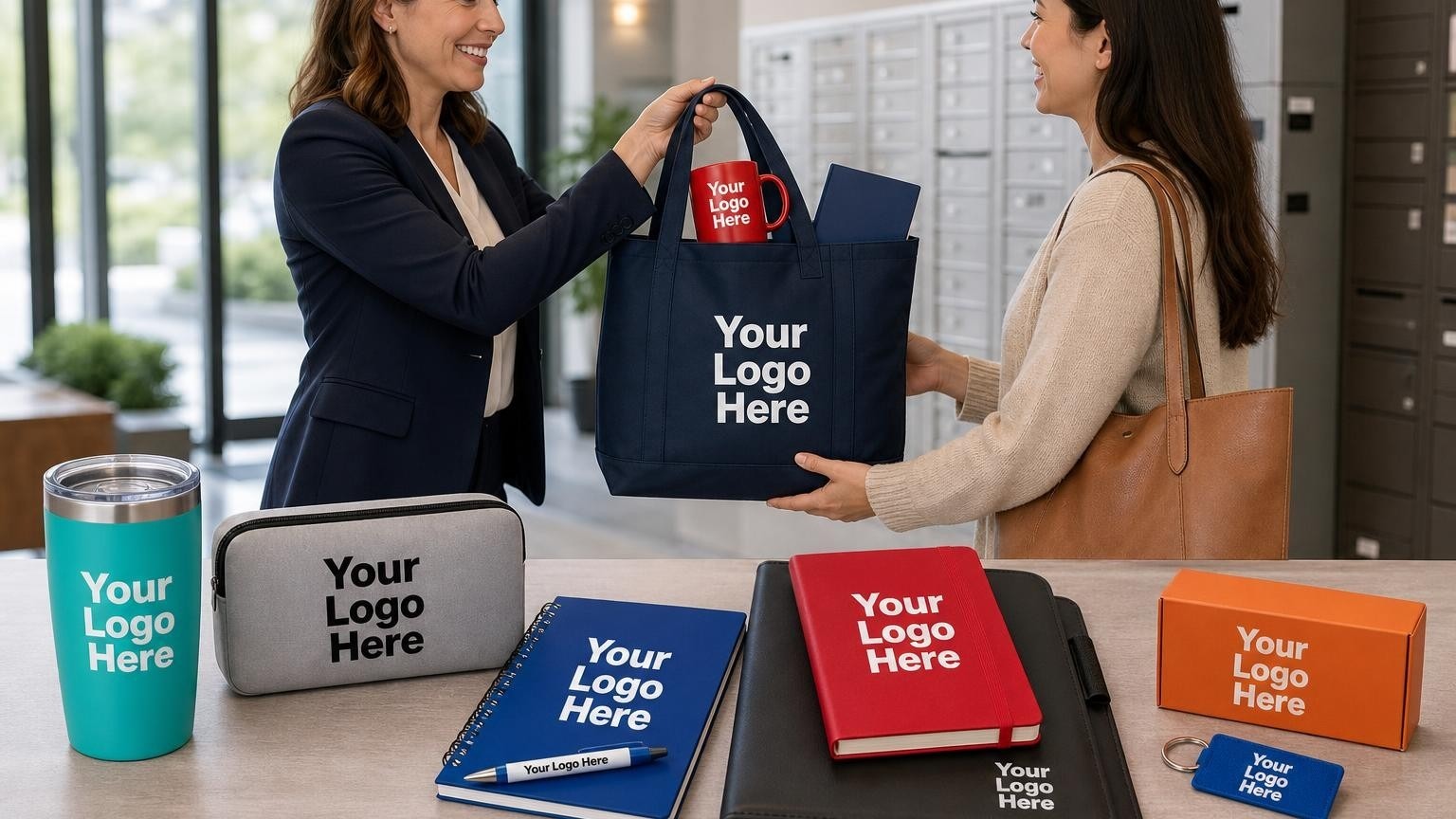 A property manager handing a custom canvas welcome tote bag to a new resident in a modern condominium lobby.