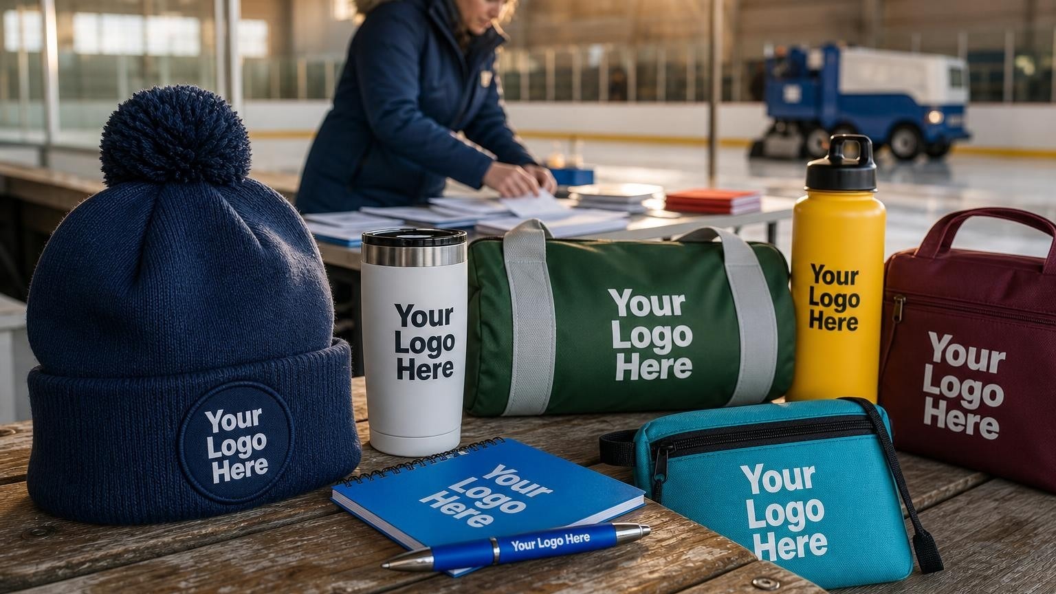 A custom navy blue knit beanie resting on a cold wooden bench inside a local ice arena, with a volunteer arranging registration packets in the background.