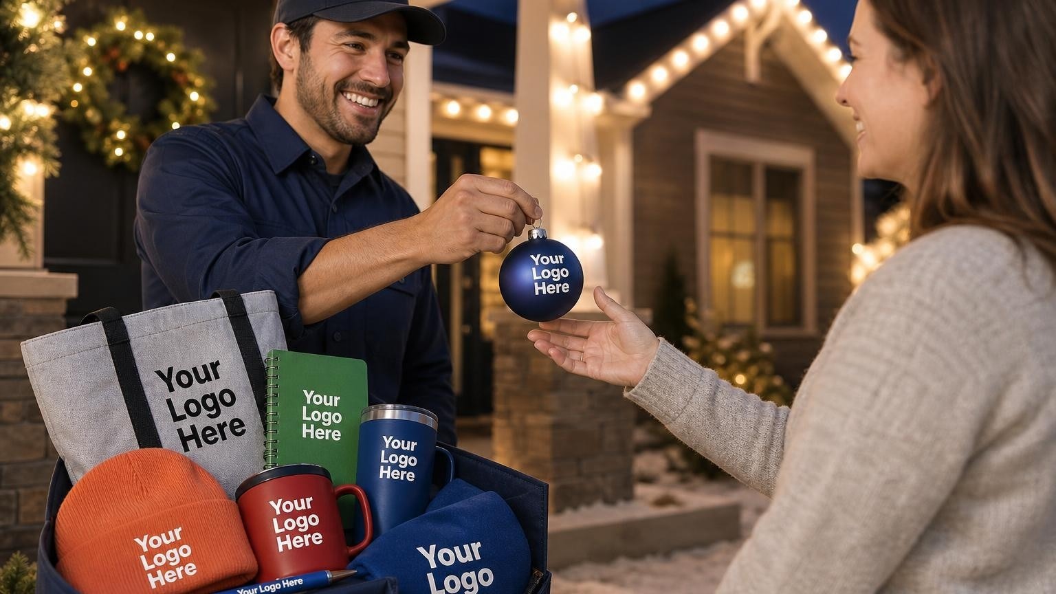 A professional holiday lighting installer handing a custom holiday ornament to a homeowner on a beautifully lit front porch.
