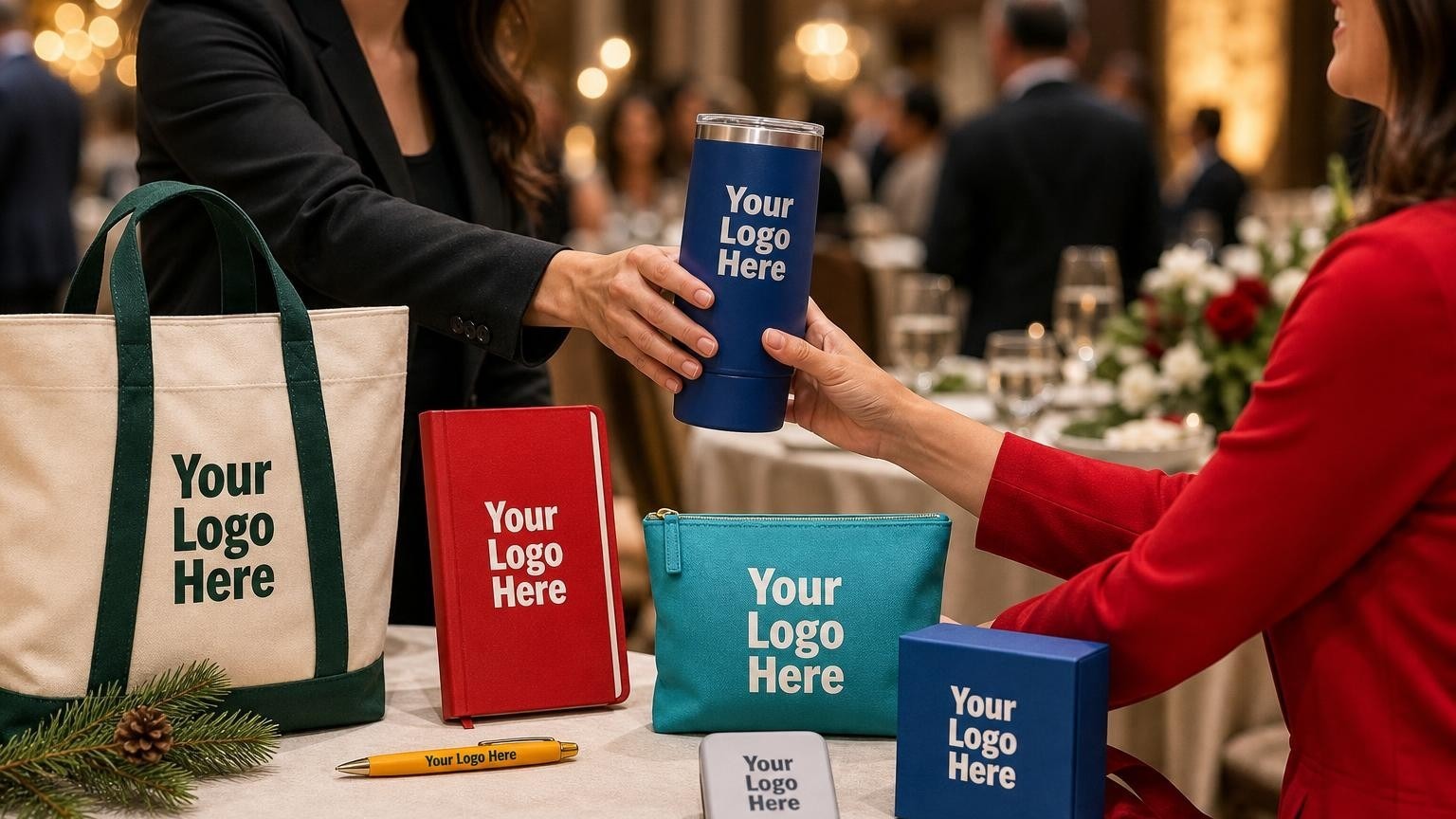 A high-end custom travel mug placed on a decorated table in a softly lit holiday gala ballroom.