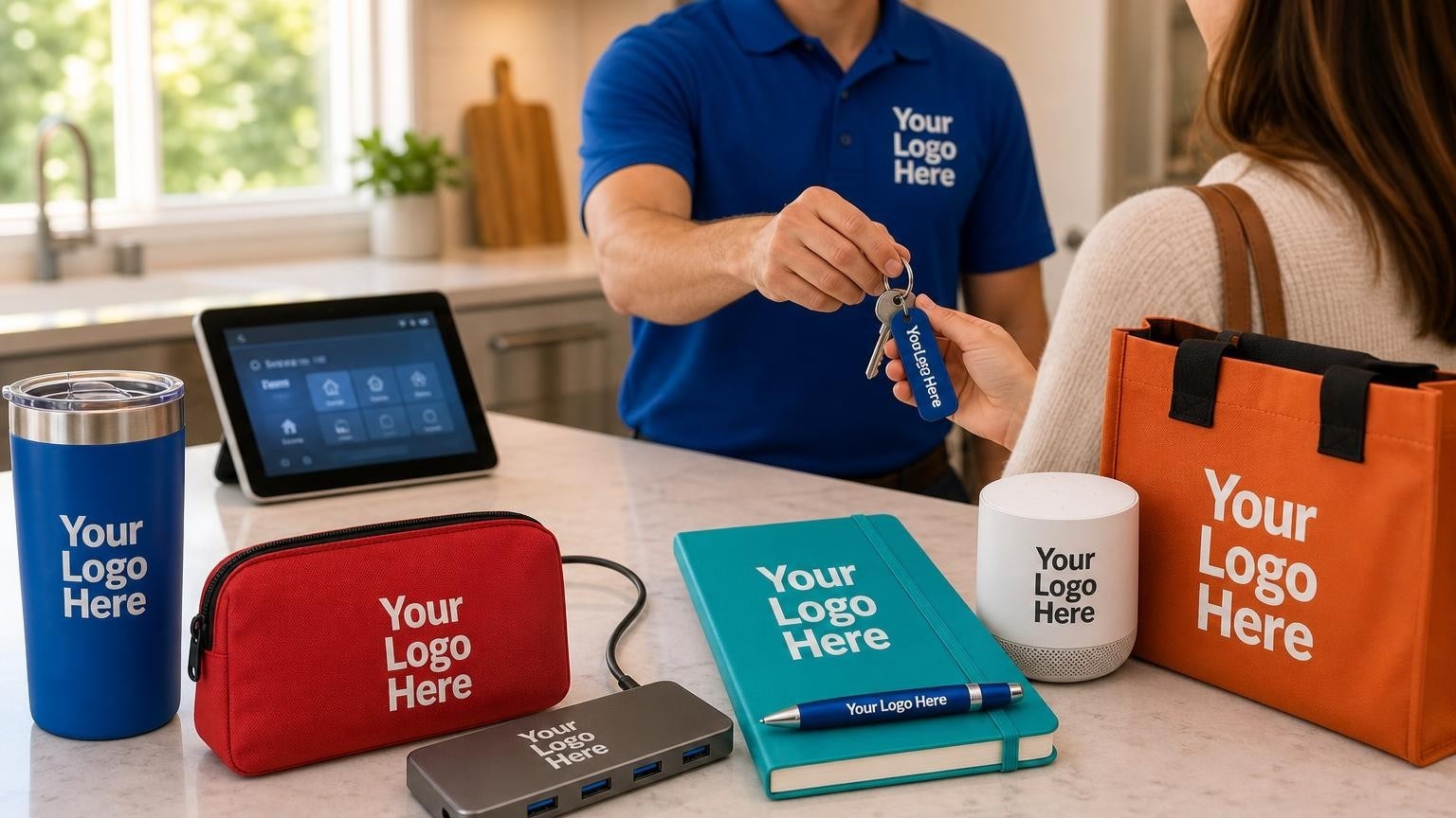A high-end multi-port USB hub and a custom metal keychain being handed to a homeowner after a successful smart home installation.