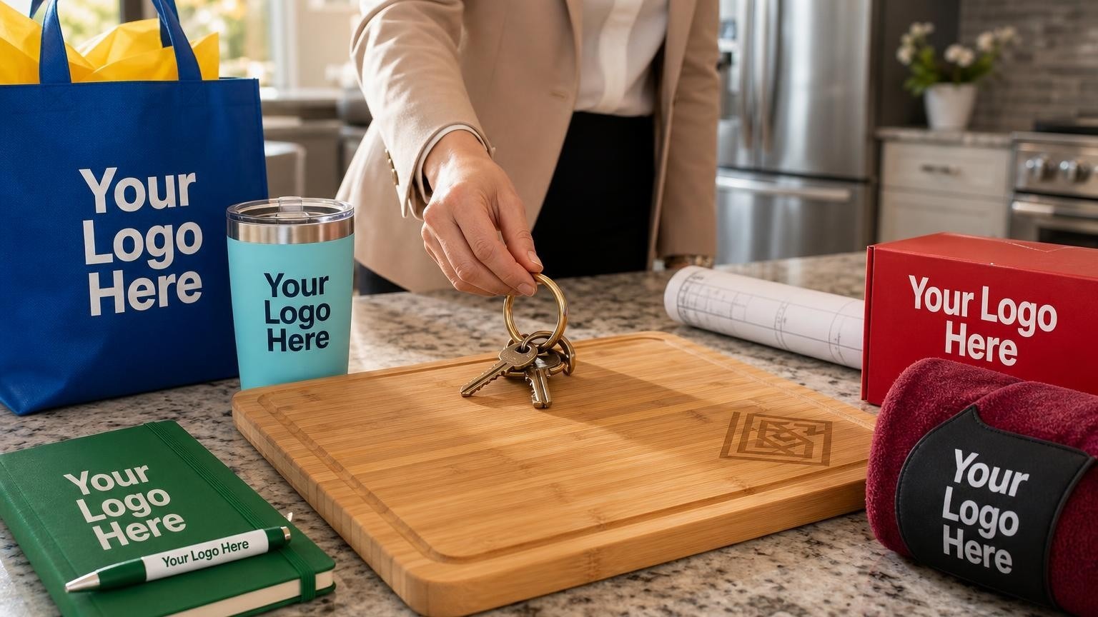 A custom laser-engraved bamboo cutting board and a set of house keys on a heavy brass keyring displayed on a granite countertop in a model home kitchen.