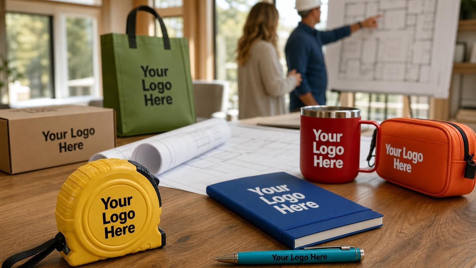 A custom-imprinted heavy-duty tape measure resting on rolled blueprints inside a bright model home sales office.