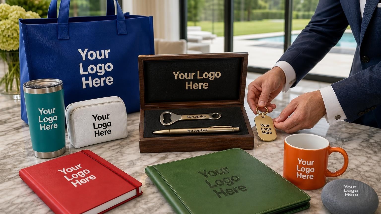 A high-grade wooden gift box and brass key tag placed on a marble kitchen island in a luxury estate, representing a home concierge welcome kit.