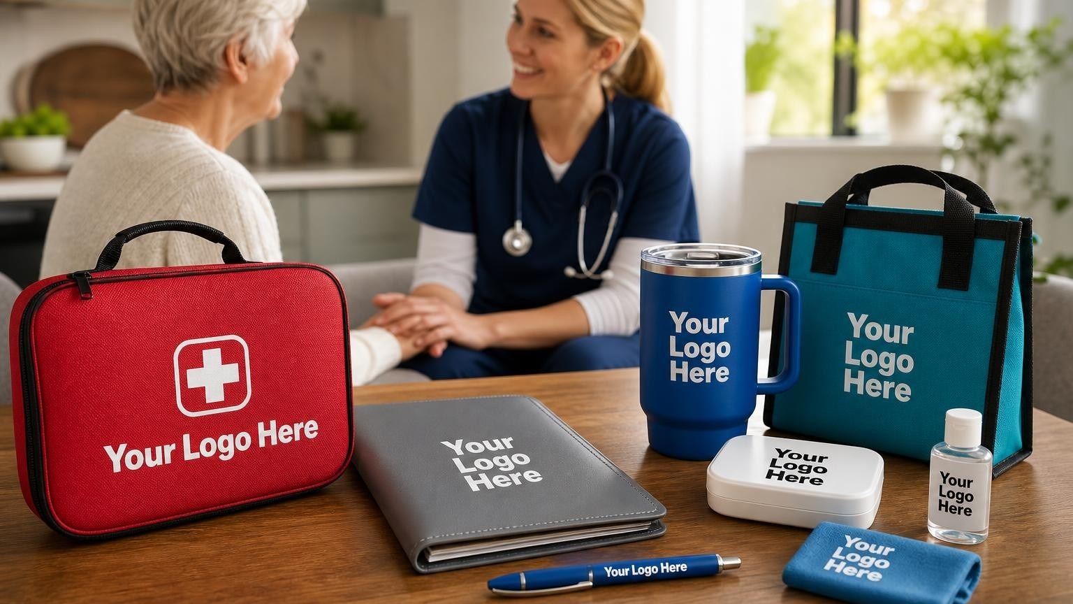 A custom first aid kit on a kitchen table with a home health nurse and patient in the background.