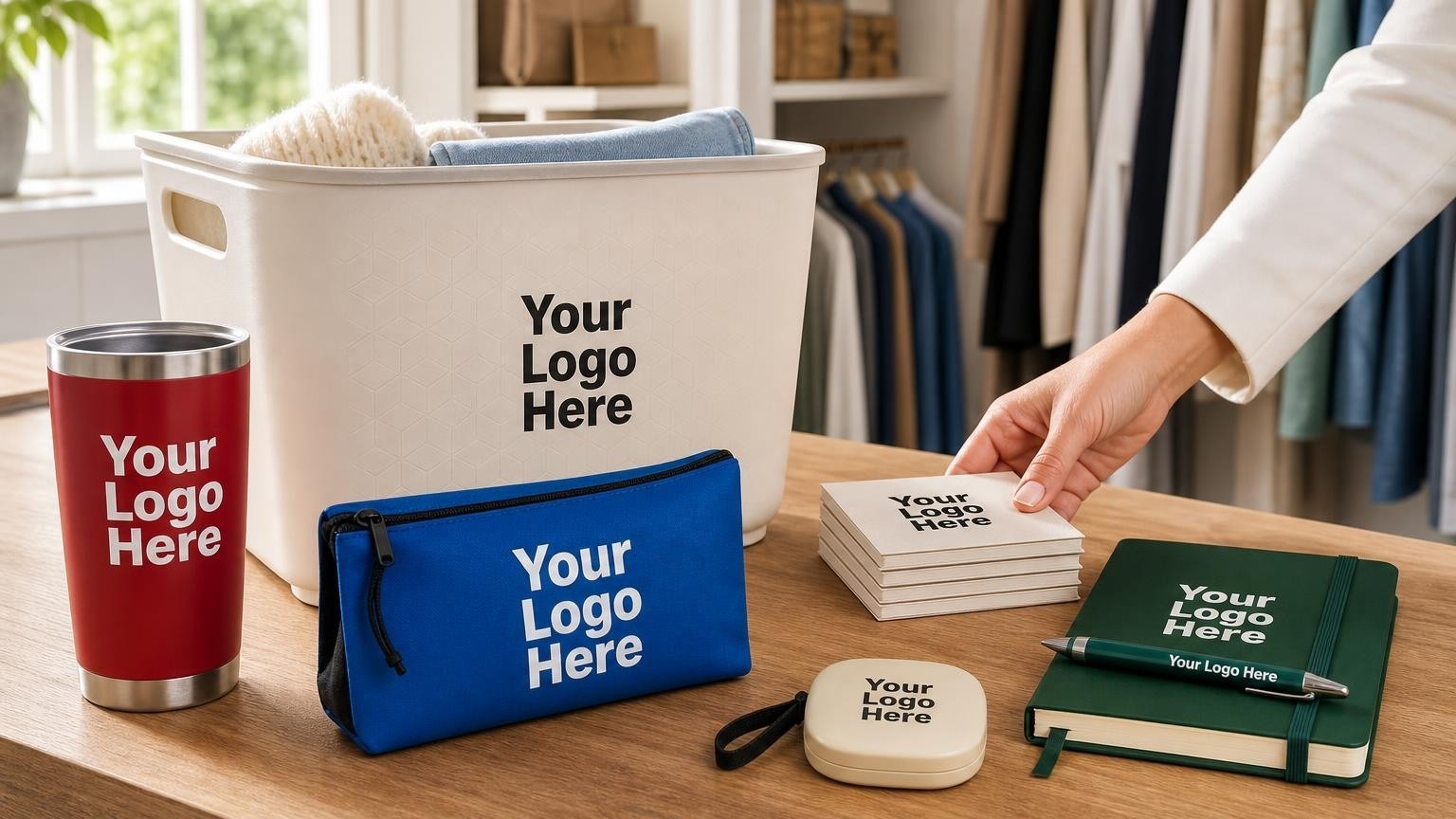 A custom-branded storage container and note pads placed on a closet shelf during a professional organizing reveal.