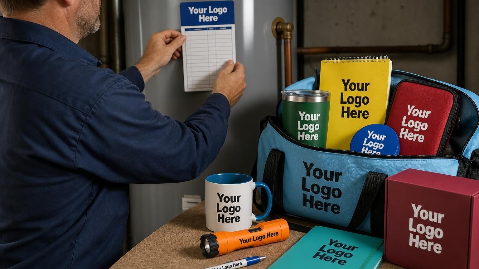 A custom magnetic service directory being placed on a residential water heater by a technician.