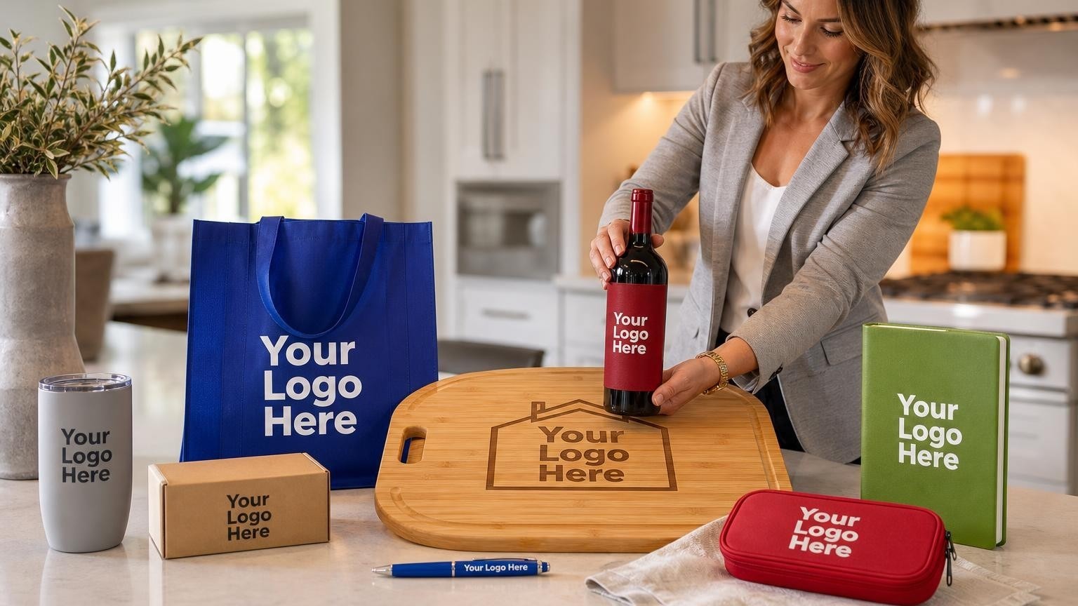 A custom co-branded bamboo cutting board placed on a kitchen island in a beautifully staged home.