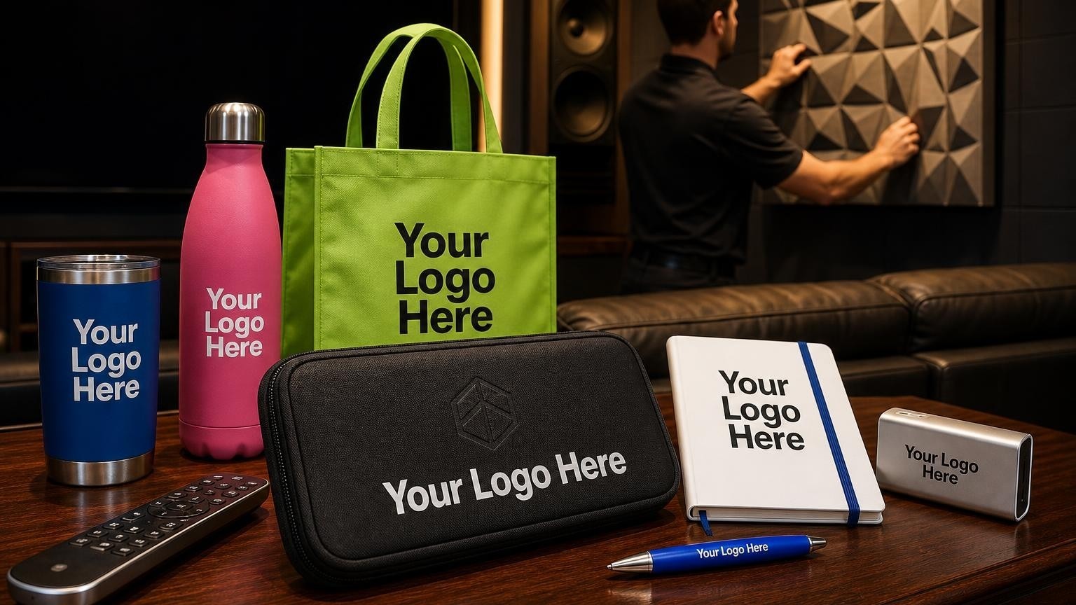 A custom-branded tech organizer resting on a mahogany media console in a luxury home theater room.