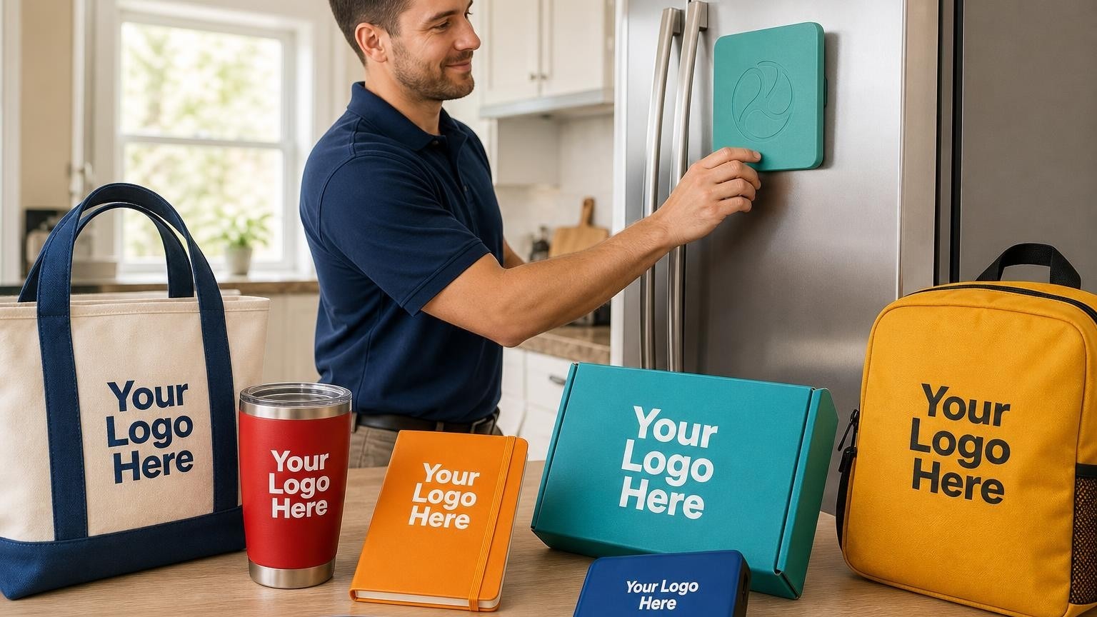 A professional technician placing a custom magnetic kitchen conversion chart onto a stainless steel refrigerator.