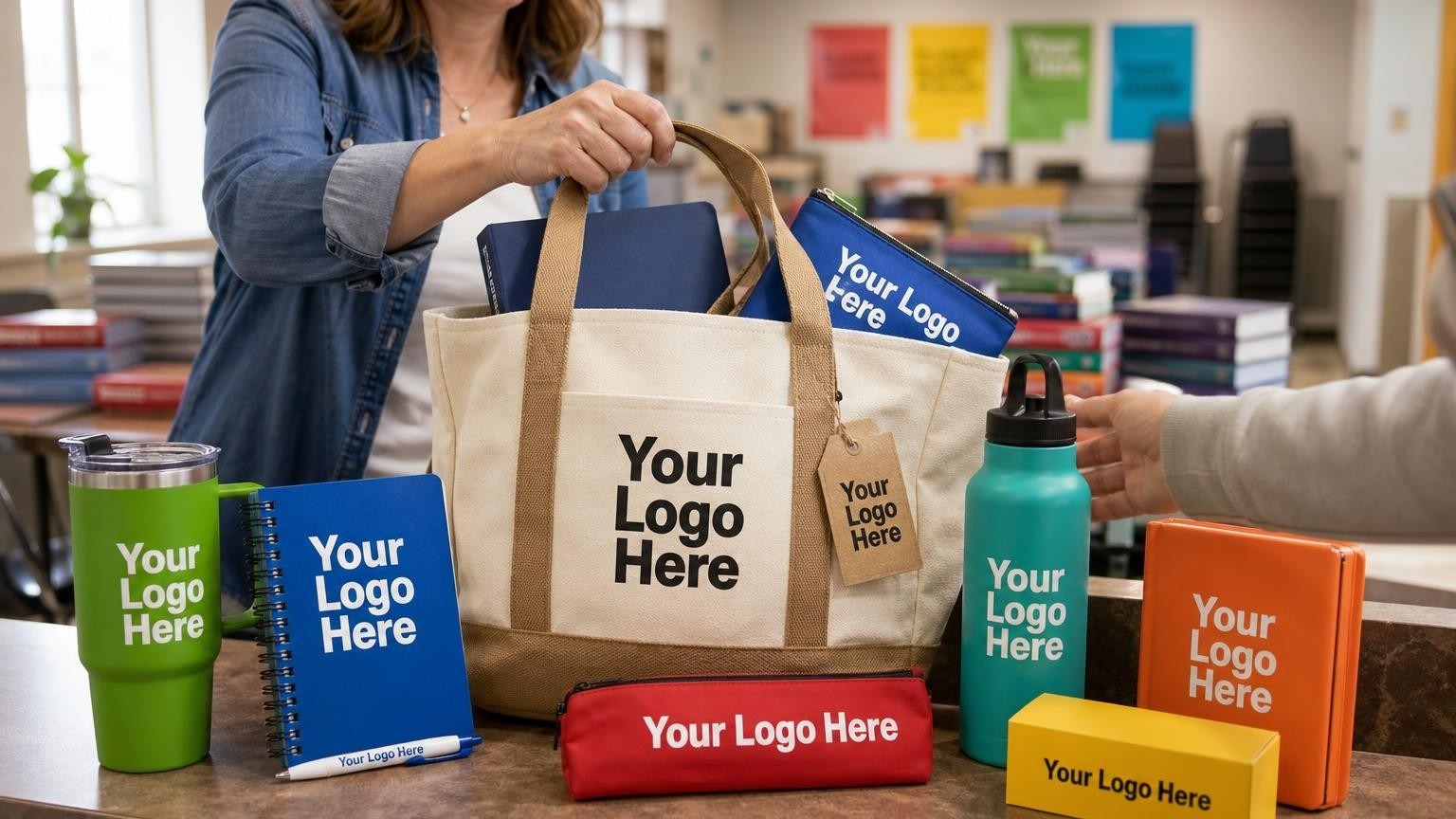 A custom canvas welcome tote bag with an academic planner and pencil pouch on a folding table in a homeschool co-op classroom.