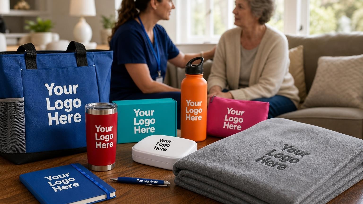 A soft comfort blanket and welcome folder on a coffee table during a home hospice intake visit.