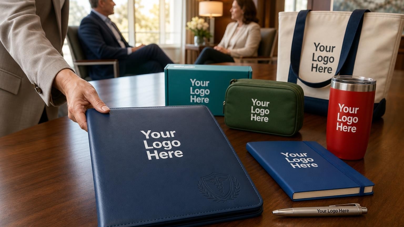 A high-quality debossed navy portfolio and metal pen resting on a wooden table in a private hospital meeting room, representing elegant donor stewardship.