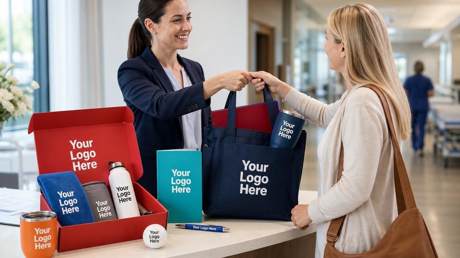 A hospital discharge coordinator handing a custom navy welcome tote with a subtle debossed emblem to a patient in a modern hospital lobby, shot in a realistic editorial style.