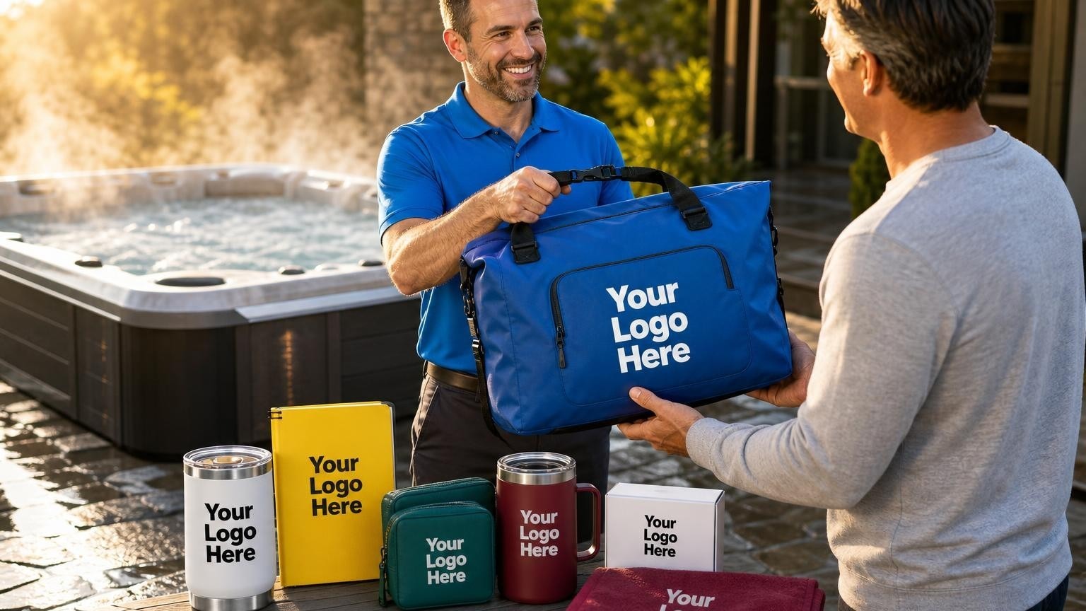 A professional service technician hands a custom waterproof dry bag to a homeowner on a wet patio next to a newly installed luxury hot tub.