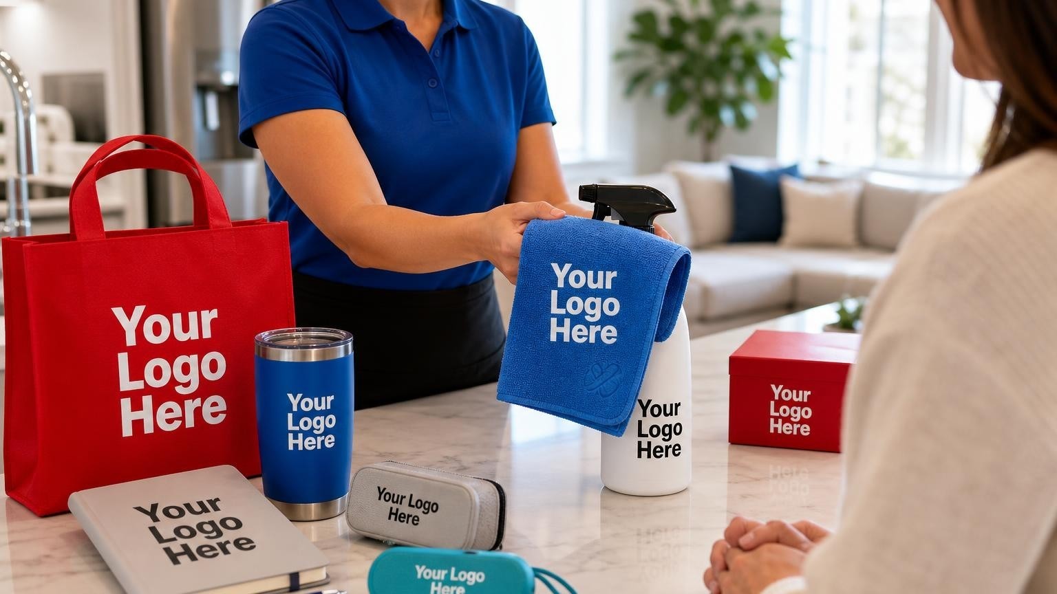 A custom-branded microfiber cloth and spray bottle left on a clean kitchen island by a professional cleaning technician.