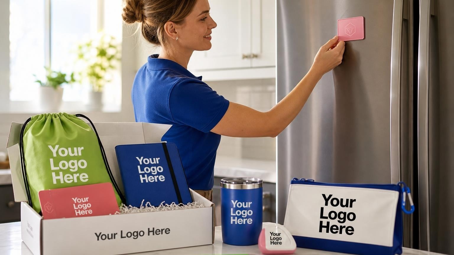 A professional house sitter placing a custom magnetic emergency contact card on a stainless steel refrigerator in a modern kitchen.