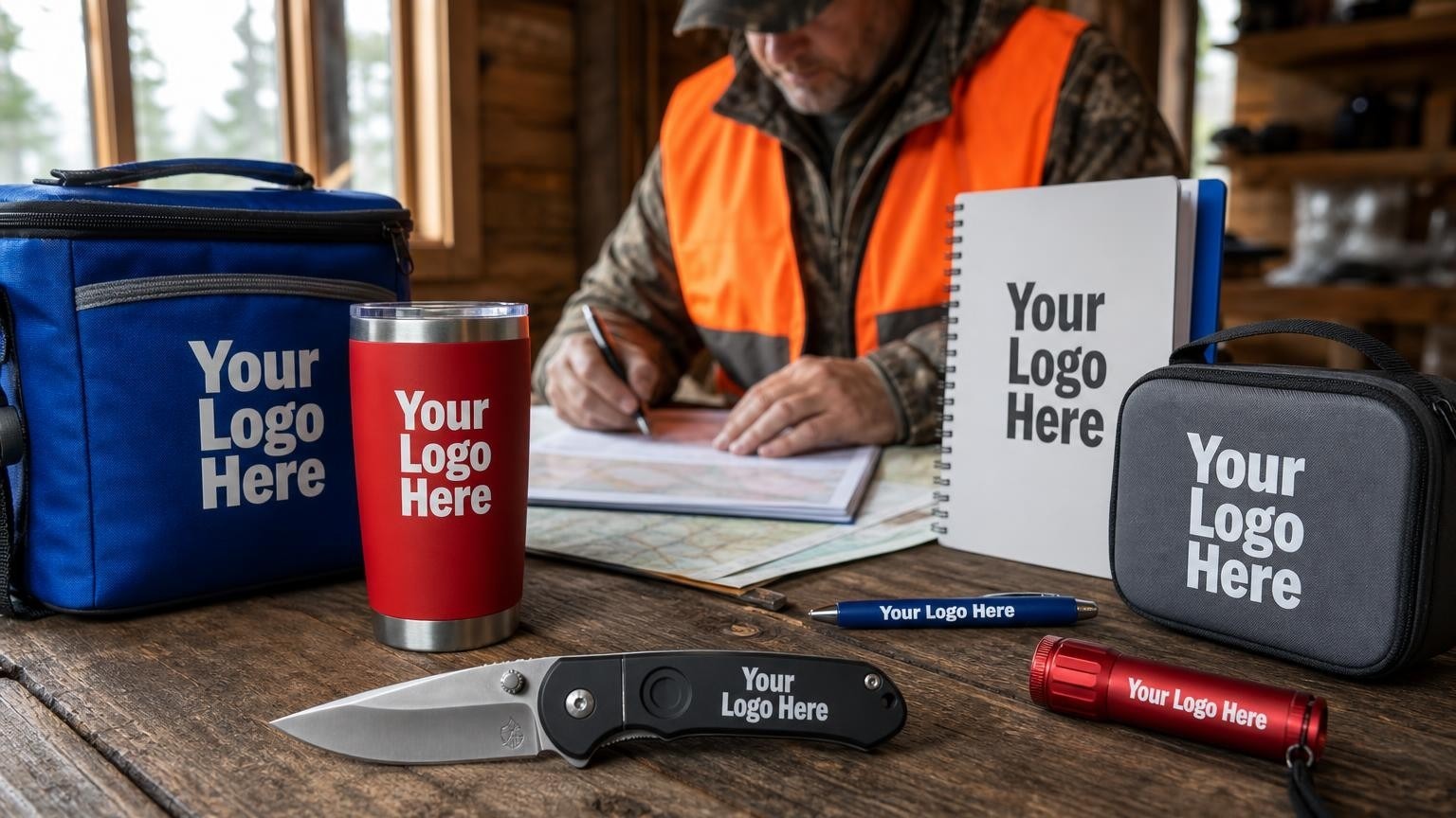 A rugged custom pocket knife on a wooden table inside a rustic hunting cabin with a club manager preparing safety rosters in the background.