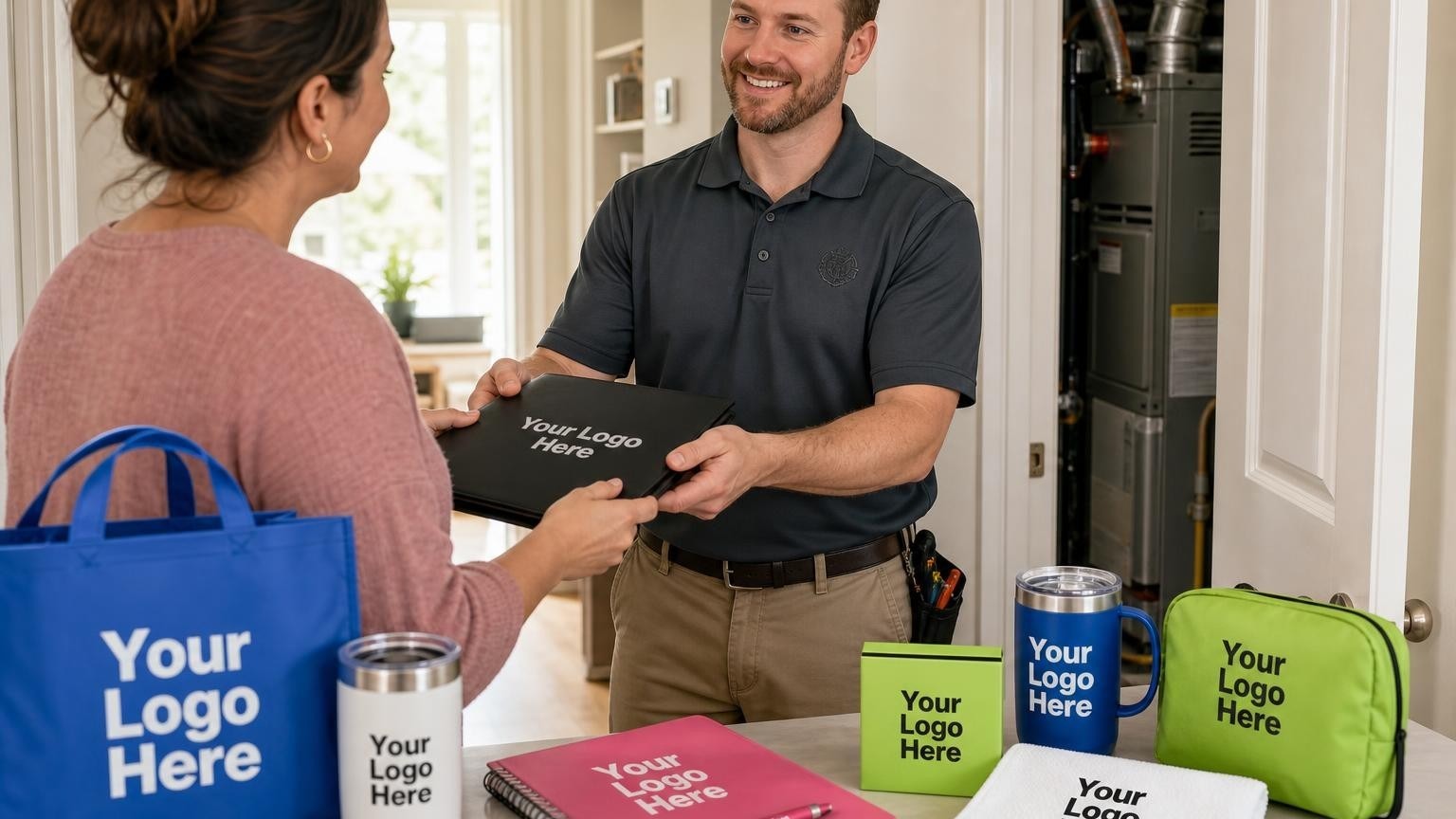 An HVAC technician in a professional embroidered polo shirt hands a document folder to a homeowner near a utility closet.