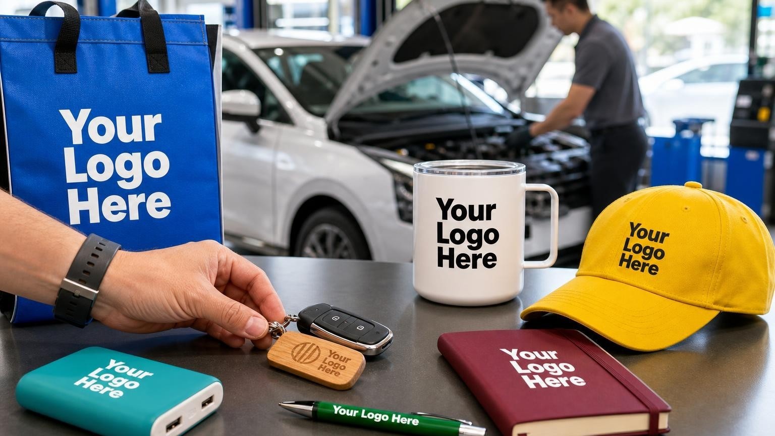 A custom bamboo keychain attached to a smart key fob resting on a clean service counter inside a modern hybrid repair shop.