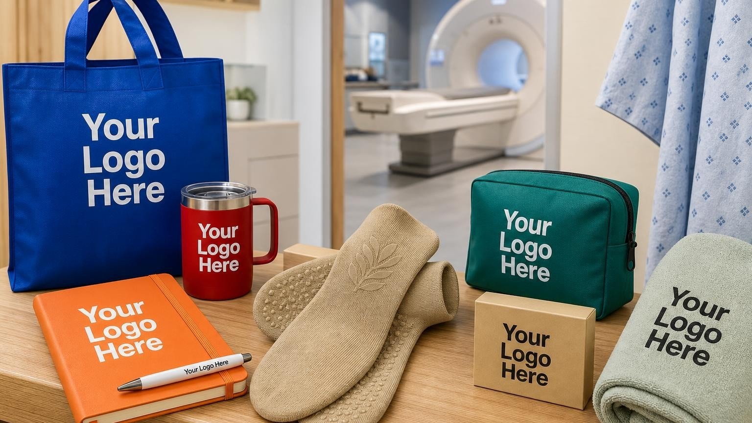 Custom non-slip patient socks resting on a changing room bench in a diagnostic imaging center, with a blurred MRI suite in the background.