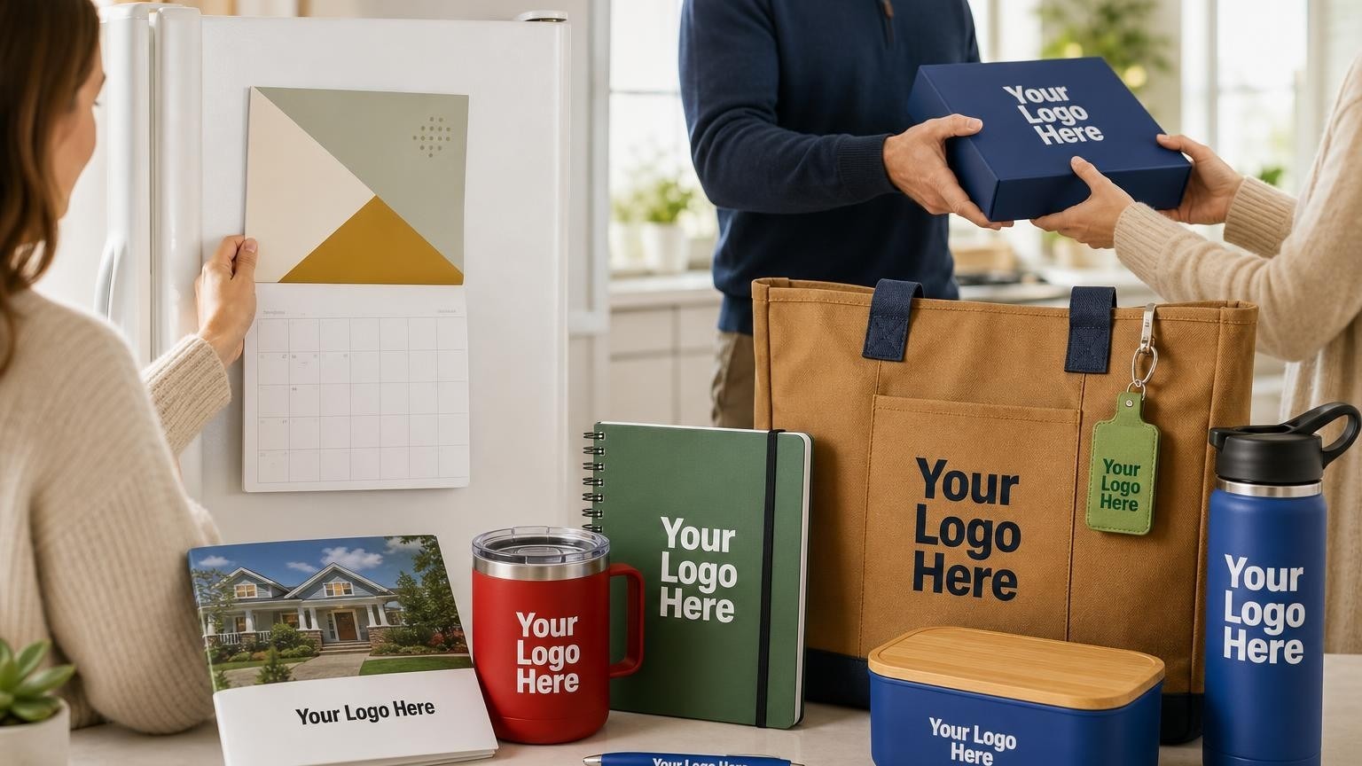 A custom magnetic calendar on a refrigerator door in a bright kitchen, representing a local insurance agency's physical presence in a client's home.