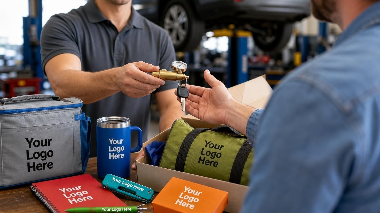 A custom brass tire pressure gauge being handed to a customer over a garage service counter, with a blurred mechanic bay in the background.