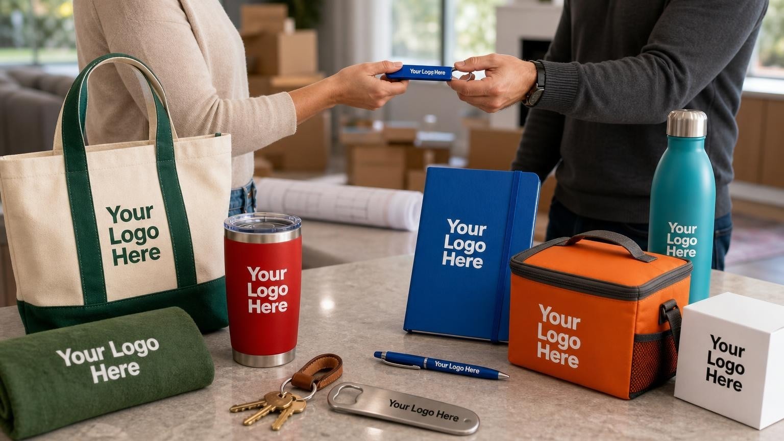 A high-quality custom metal bottle opener resting on a kitchen island next to house keys, with a blurred background of a new home interior on move-in day.