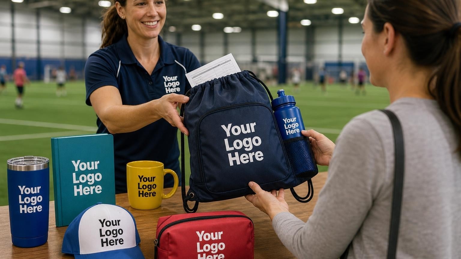 A facility coordinator hands a custom drawstring welcome bag containing a sports bottle and league schedule to a parent at a check-in table with indoor turf fields in the background.
