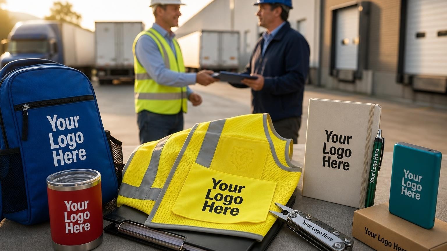 A high-visibility safety vest and rugged tools on a concrete loading dock, representing industrial park tenant operations.